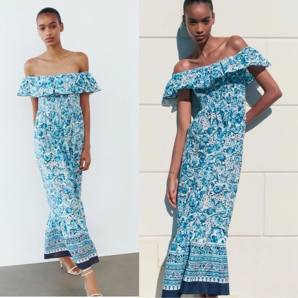 ZARA FLORAL PRINT OFF THE SHOULDER DRESS - Picture 4 of 12